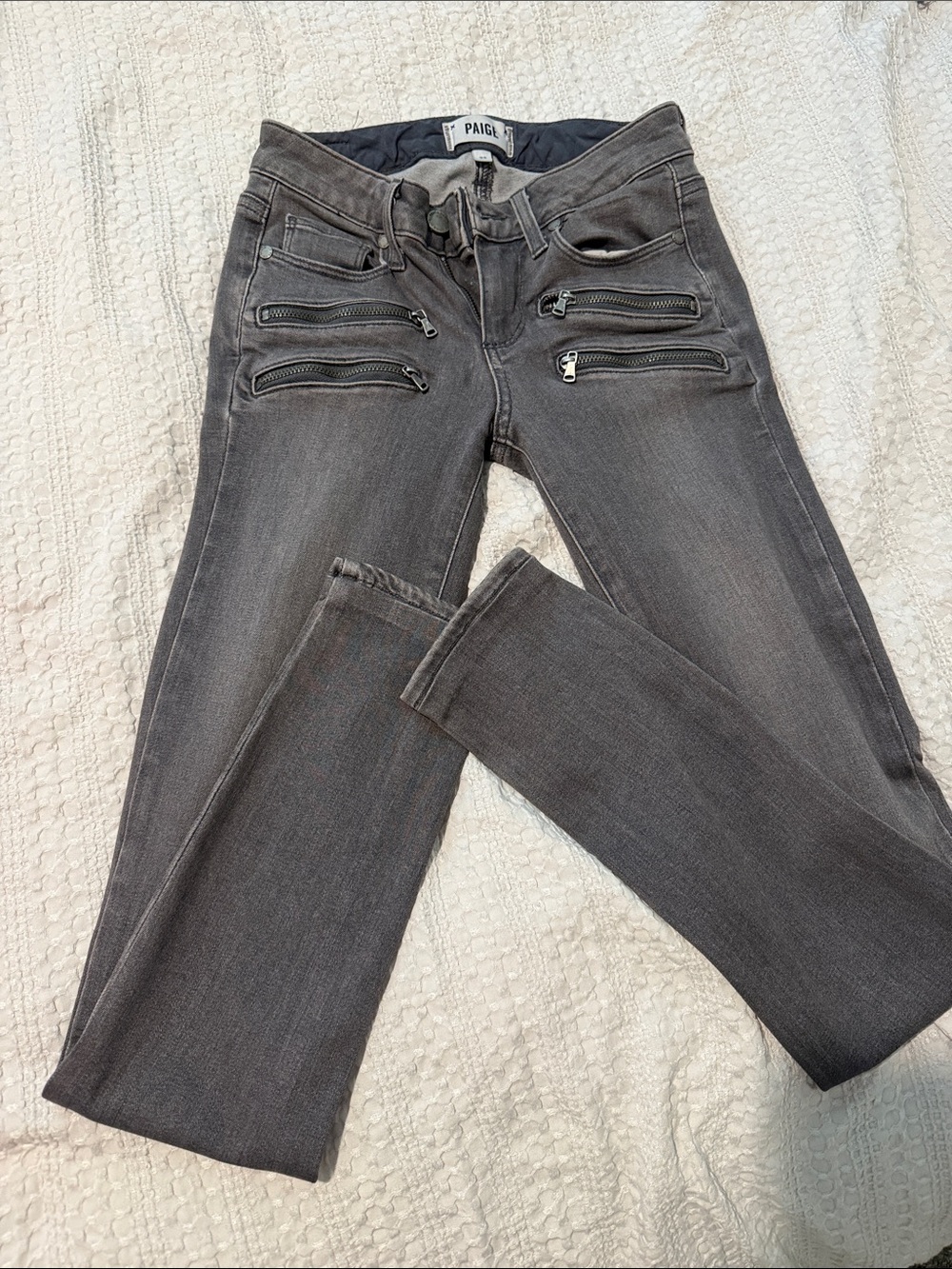 PAIGE Gray Skinny Jeans with Front Zip Accents